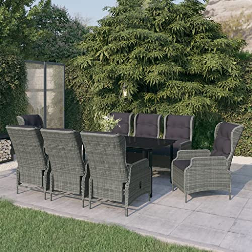 Mandloder 9-TLG. Garten-Essgruppe, Hellgrau PE-Rattan, Stahlrahmen, Glastisch, 200x100x74cm, verstellbare Sessel, Outdoor Möbel Set für Terrasse, Balkon