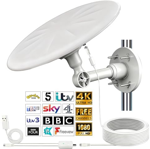 Omni Directional TV Aerial Outdoor, Freeview Outdoor TV Aerial, 35FT Cables | 720° Long Range Reception Freeview HD Digital Signal, Super Signal Booster, for Attic/Camping/Caravan/ Motorhome/ RV/ Yacht