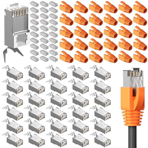 30 Stück RJ45 Stecker CAT 7 CAT 6A, Cat7 Cat6A Pass Through Netzwerkstecker mit Einfädelhilfe und Knickschutz, lan kabel stecker für Verlegekabel AWG23 POE, Verbinder mit Zugentlastung für Compu