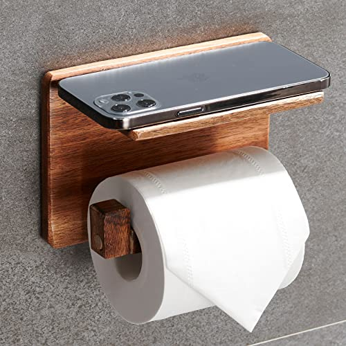 DEKAZIA® Toilettenpapierhalter ohne Bohren Holz | Klopapierhalter mit Ablage & selbstklebend | Klorollenhalter für WC/Badezimmer | WC Rollenhalter als Bad Deko | Toilettenrollenhalter