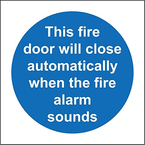 This fire door will close automatically when the fire alarm sounds Safety sign - Self adhesive sticker 100mm x 100mm