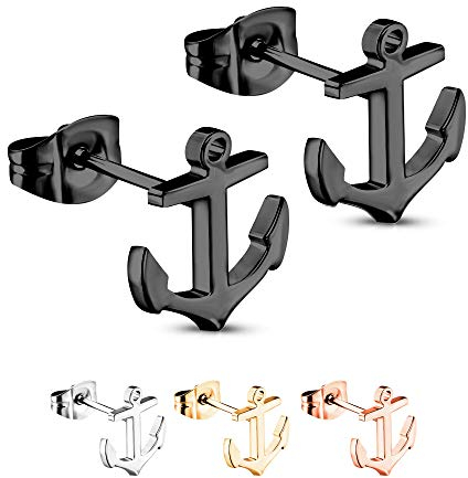 Treuheld® | Anker Ohrstecker/Ohrringe aus 925 Sterling Silber | 10mm x 11mm x 0,8mm | Schwarz | Set/Paar Anchor Schmuck Stecker | Damen & Herren