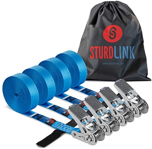 4er Set Kleine Spanngurte mit Ratsche Ohne Haken 25mm 5m Einteilig LC 800daN + Klettband + Transporttasche | Befestigung für Dachträger Auto, Anhänger, Fahrradträger, Kanu, Kajak, Surfbrett, Umzug