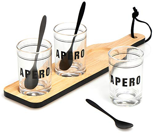 com-four® 7-teiliges Appetizer-Set, Bambus-Servierbrett mit Gläsern | für Vorspeisen - Aperitifs - Amuse-Bouche - Snacks - Dips - Soßen und Desserts