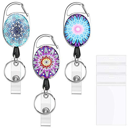 HIFOT 3 Stück Ausweishüllen Ausweis JoJo Einziehbare Karabiner für Ausweiskarten Schlüssel und Gürtelclip Befestigung, Mandala Ausweishalter für Krankenschwester Lehrer Schüler Arzt