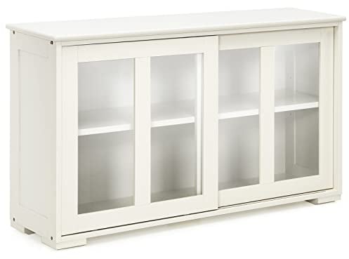 GIANTEX Sideboard Küche, Küchenschrank mit Glasschiebetüren, Küchenkommode Anrichte mit Verstellbarer Ablage, Aufbewahrungsschrank Buffetschrank Beistellschrank für Esszimmer Wohnzimmer 107x33x64 cm