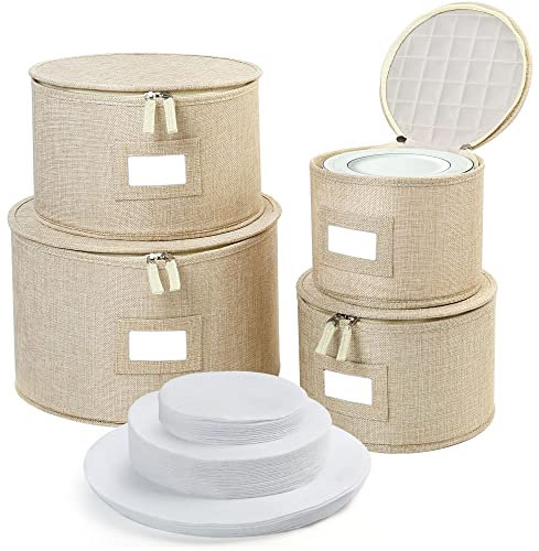 LotFancy China Storage Containers, Hard Shell, 4PCS Set, Dish Storage Box for Moving, Stackable Dinnerware Plate Organizer Bins with 48 Felt Dividers, Grey