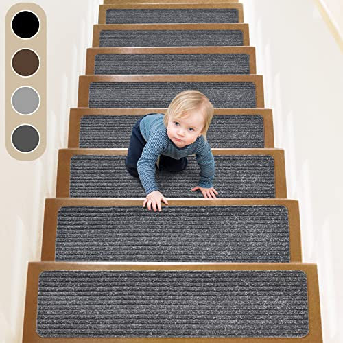 ToStair Stufenmatten, 76cmx20cm(15 stück) Anti-Rutsch Treppen Treppenstufen für Holzstufen, Stufenschutz Stufenteppich Innenbereich für Kinder Ältere und Hunde,Grey