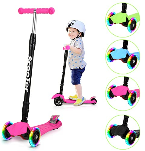Yakimz Premium Kinderroller, Roller Kinder Scooter mit 3 LED Leuchtenden Räder, Höhenverstellbarer Dreiradscooter, Faltbar Tretroller, Cityroller für Jungen Mädchen 3-14 Jahre, Rosa