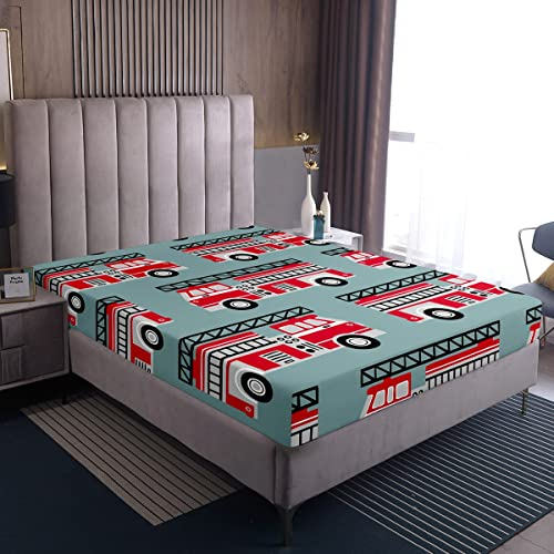 Loussiesd 3D Feuerwehrauto Stoff Spannbetttuch 90x200cm Karikatur Auto Fahrzeug Spannbettlaken Bettlaken Feuerwehrleute Rettung Feuerwehr Blaugrün Blau Drucken