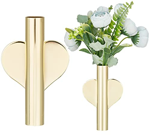 GORGECRAFT 2St Wandvase Mit Herz Röhren Aus Metall Zum Aufkleben Wandmontage Goldene Wanddekoration Getrocknete Blumen Mini-Pflanzenhalter Herzform Für Schlafzimmer Wohnzimmer Weihnachten Halloween