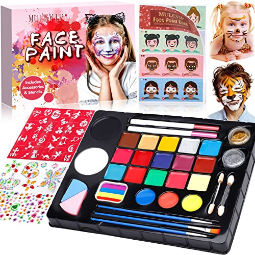 MULEVIP Body Painting,Pittura Corpo,24 Colori Face Painting Truccabimbi Kit con 30 Stampini e 3 Pennelli,Glitter,250 Gemma,Halloween Make Up,Trucco Viso Bambini Body Painting Colori,Feste