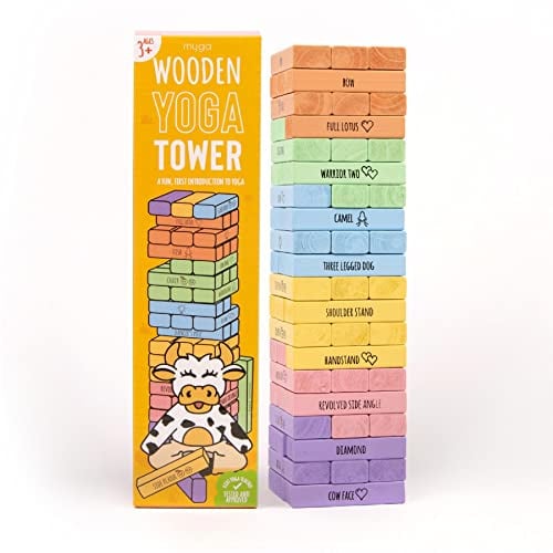 Myga Yoga Tumbling Tower - Childrens Wooden Stacking Block Game with 60 Yoga Poses for Exercise & Mindfulness - Educational Building Toy for Kids, Yogis & Family