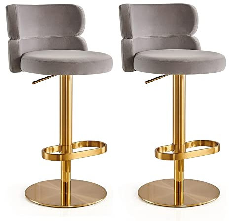 Verstellbare Drehbare Barhocker aus Samt 2er-Set, Barhocker Mit Rückenlehne, Armlose Küchentheke, Hohe Barstühle, Edelstahl, Titangold, for Esszimmer, Offene Küche, Frühstück ( Color : Gold , Size : B