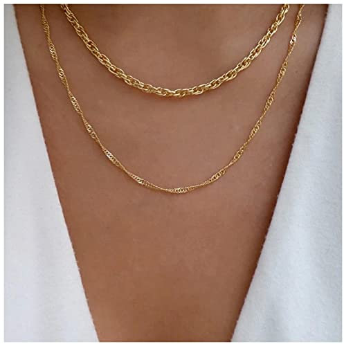 Dervivea Boho Layered Rope Chain Necklace Gold Twist Chain Necklace Thin Braided Twist Choker Necklace Double Layer Gold Necklace Chain Jewelry for Women and Girls