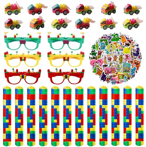 Yisscen 82PCS Bauklötze Party Mitgebsel, Geburtstag Mitgebsel, Bauklötze Brille Bauklötze Spielzeugauto Schnapparmband Aufkleber, für DIY Blöcken Themen Party Geschenk für Kindergeburtstag