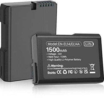 Batterie pour Nikon EN-EL14/EL14a, 1500mAh Batteries de Rechange pour Nikon D5600 D5100 D5200 D5300 D5500 D3100 D3200 D3300 D3400 D3500, Coolpix P7000 P7100 P7200 Appareils Photo (1 Paquets)