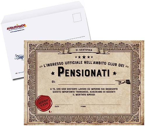 Auguriando Biglietto Auguri Pensionato Pensionata Pensione idea Regalo Pensionamento simpatico Gadget per la festa del neo-pensionato biglietti auguri umoristici (Attestato)