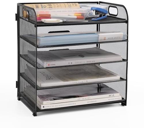 Mesh Letter Tray Organiser, Office Desk Tidy Organiser File Document Holder A4 Paper Filing Trays for Home Office School (Mesh Metal-5 Tier)