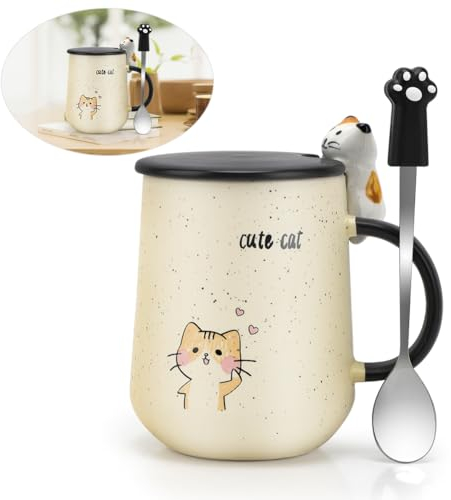 LOMUG Katzen Tasse, 450ML Süß Cat Teetassen Handgemacht, Kaffeebecher Keramik mit Deckel und löffel, Keramik Becher, Morgen Tee Cup Milch Becher Geschenk Teetasse mit Deckel, Geschenke für Frauen