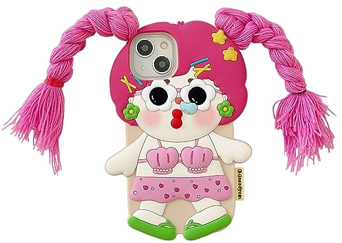 QoKcoahn Coque pour iPhone 15,3D Mignon Kawaii Drôle de Couverture de Dessin Animé Fille aux Cheveux longsHousse de Protection Anti Chute en Silicone avec Porte - Clés pour iPhone 15