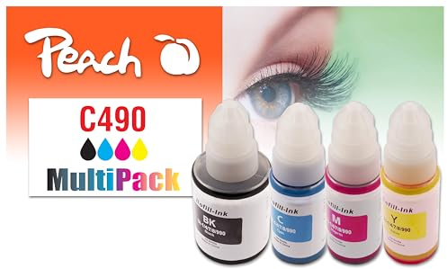 Peach C490/590 Spar Pack Druckerpatronen (BK, C, M, Y) ersetzt Canon GI-490 für z.B. Canon Pixma G 1400, Canon Pixma G 2400, Canon Pixma G 3400, Canon Pixma G 2200, Canon Pixma G 3200