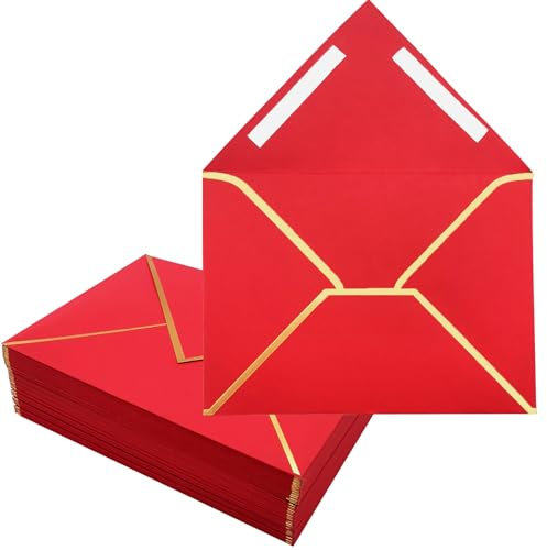 50 Stücke Rote Umschläge, 18.3 x 13.3 cm Einladungsumschläge 5 x 7 Zoll Selbstklebende Briefumschläge V-Klappe Folienrand Luxus Versandumschläge für Hochzeit, Einladungen, Babyparty, Geburtstag