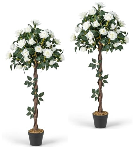 TANGZON 90CM/120CM Artificial Rose Tree, Faux Potted Plant with 21/30 Roses & 259/345 Leaves, Indoor Outdoor Decorative Blooming Flowers Plant for Living Room Garden (White, 120cm, 2 Pack)