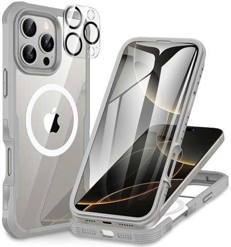 CENHUFO Compatible with iPhone 16 Pro Case Fits for Magsafe, Built-in Glass Screen Protector with Camera Lens Protector, 360 Full Body Shockproof Protective Phone Case for iPhone 16 Pro 6.3 Inch -Gray