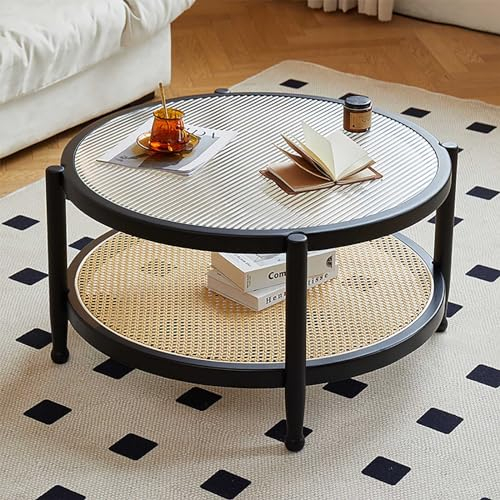 Generic Petite table basse en verre avec étagère de rangement en rotin 80 cm – Table basse moderne en bois de ferme pour le salon – Assemblage facile