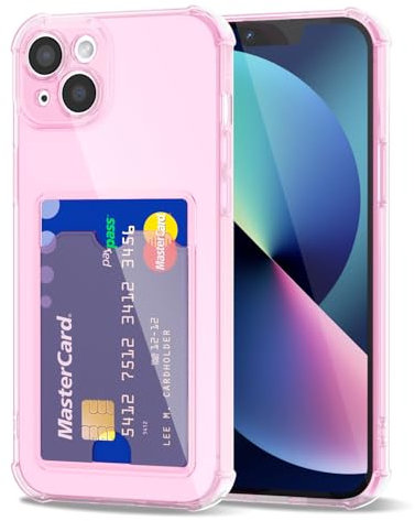 Svanove for iPhone 13 Case Wallet Clear, Card Holder Case with Credit Card Slot, Thin Slim Transparent Silicone Grip Soft Rubber Protective Shockproof Airbag Bumper for Women, Light Pink