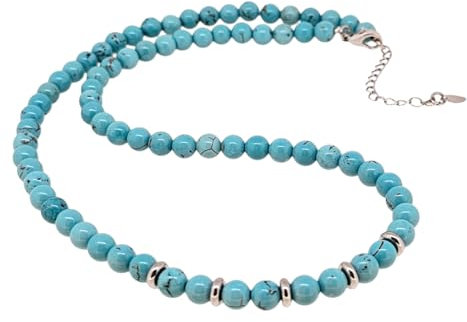 Handgemachte Choker Halskette aus 6mm Naturstein-Perlen mit Weißgold-beschichteten Edelstahl-Abstandshaltern | Erhältlich in Mehreren Farben (Blauer Türkis)