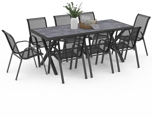 IDMarket - Salon de Jardin SANTORIN Table 190 cm Pieds en Croix et 8 chaises empilables Gris Anthracite