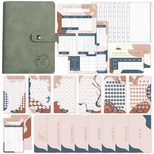 BIROYAL A6 Budget Planner Deutsch, Geld Sparen mit 6 Sparchallenge, Grün | Budget Binder mit Sicherer Druckknopf-Verschluss, Finanzplaner Haushaltsbuch, Sparbuch für Geld mit Umschlagmethode