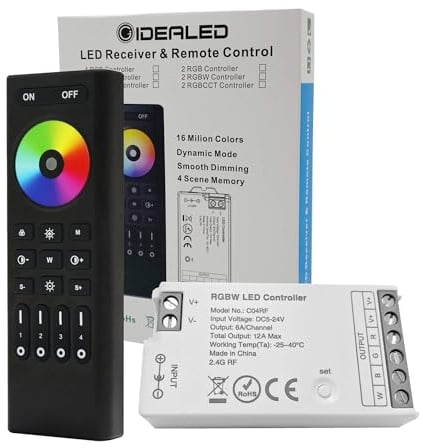 GIDEALED RGBW LED Controller mit RF Fernbedienung Kit,4-Zonen 2.4GHz Drahtlose Fernbedienung Gruppensteuerung/Einzelsteuerung für 5050SMD COB 5 Pin RGBW LED Streifen DC5V-24V Dimmung Farbwechsel