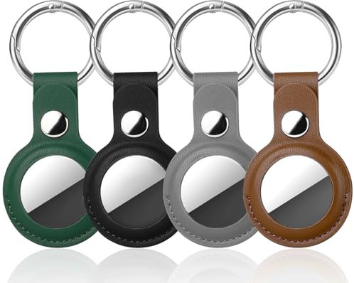 4 Pezzi Airtags Portachiavi in Pelle, Porta Air Tag per GSP, Apple, Chiavi Zaini e Animale, Custodia Anti-graffio, Mantiene Forte il Segnale GPS - Nero Grigio Verde Marrone