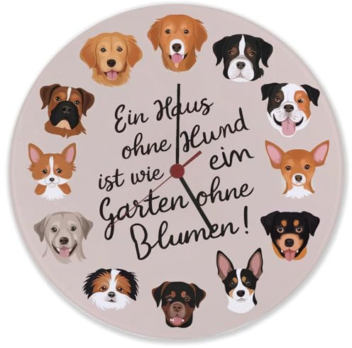 speecheese Hundewelpen Wanduhr aus Glas - EIN Haus ohne Hund wie Garten ohne Blumen Garten Blumen illustrierte niedlich hübsch Golden Retriever