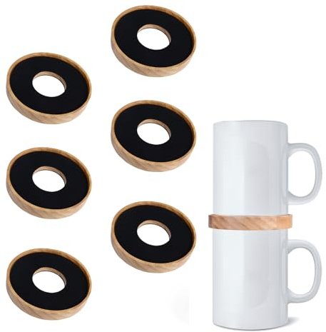 JstFrU 6 Pack Wooden Coffee Mug Stackers, Mug Organizer for Kitchen Cabinet,Equipped with Food Grade Non-Slip Pad,Only for Mugs with a Calibre ≤3.93 inches,Save Cupboard 50% Space