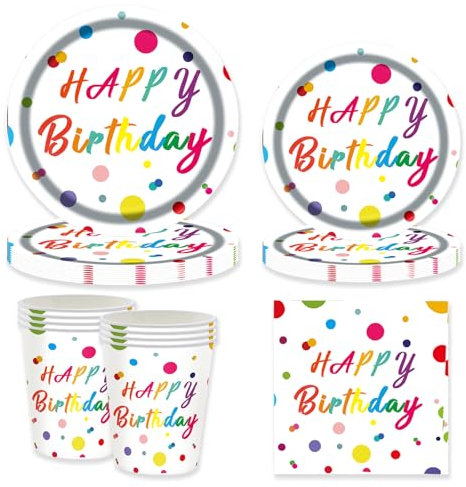 50 Stück Geburtstag Partygeschirr Set,Bunte Happy Brithday Pappteller Kindergeburtstag Partyzubehör Pappteller für Geburtstagsdeko Junge Mädchen Partys,10 Gäste
