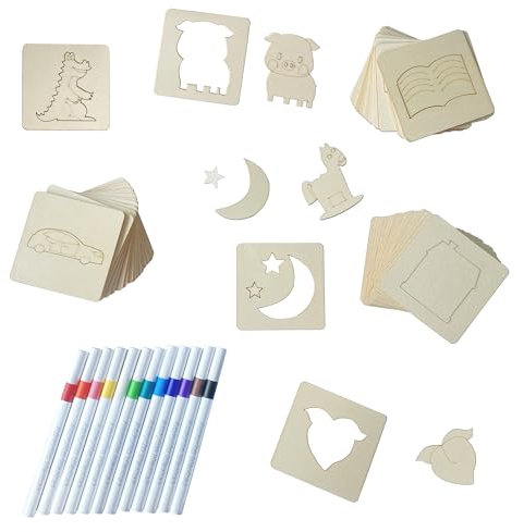 Zzcy Set de 60 Plantillas de Dibujo de Madera para Niños Plantillas Educativas con 12 Lápices de Acuarela para DIY, Manualidades, Álbum de Fotos y Colorear