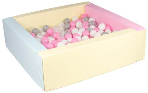 Velinda Piscine à balles carrée avec 200 balles, Cuir écologique, 5 éléments (Couleur de la Piscine/de balles: Rose, Bleu, Jaune (Pastel)/Blanc, Transparent, Rose Clair, Gris)