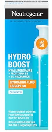 Neutrogena Hydro Boost Aqua Fluid LSF 50 (50 ml), parfümfreie Tagescreme mit LSF 50, leichte Gesichtspflege mit Hyaluronsäure, Vitamin B5 & Niacinamid für intensive Feuchtigkeit