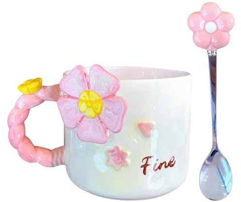 Taza de flores, tazas de primavera | 500 ml de copa de té de flores 3D de cerámica rosa con cuchara - Drinkware estético de gran capacidad, utensilios de cocina decorativos y herramienta de comedor pa