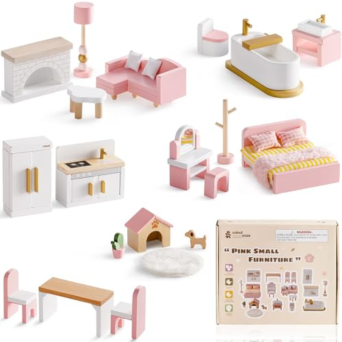 ROBUD Juego de Muebles de Madera para casa de muñecas, 28 Piezas, Accesorios para casa de muñecas, Dormitorio, Cocina, salón, baño, Comedor, Regalo Rosa para niños