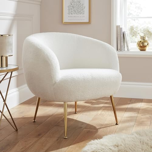 GFW Ada Accent Chair Cream Teddy Bouclé, Upholstered Tub Chair with Curved Back and Gold Metal Legs, Modern Occasional Chair