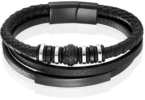 Mendes Schmuck Herren Armband - Schwarzes Leder mit Silber Charms und schwarzem Verschluss-23cm