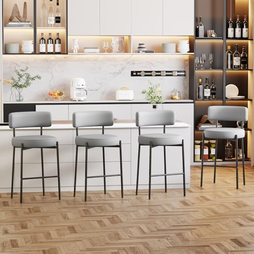 Ckaff Barhocker 4er Set, 63.5cm Sitzhöhe Barstuhl Küchenstuhl aus PU-Leder, Tresenhocker Bistrohocker Mit Rückenlehne, Gepolsterte Küchenhocker Esszimmerstuhl für Kücheninsel Bar Esszimmer, Grau