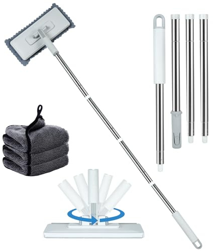 Ecopandy Multifunctional Lazy Mop with One Click Cloth Grip, 26cm Panel 3-in-1 Ceiling Cleaner Tool Duster with 4 Reusable Cloths, Automatic Cloth Changing & 360° Rotating Head Fits Any Cloths