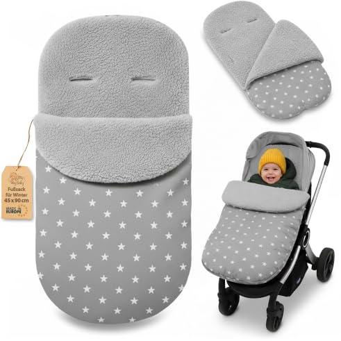 Fußsack Kinderwagen und Buggy für Winter 90x45 cm - Fusssack Winterfußsack warme Einlage Einschlagdecke Baby Zubehör warm Boucle Zertifikat Oeko-Tex Sterne und Grau