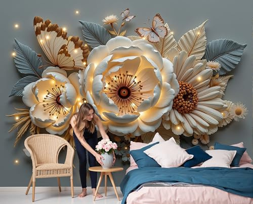 Wunderschöne 3D-Kunst Fototapete Blumenskulptur Seide Tapeten XXL Moderne Wandtapete Motivtapeten 3d Effekt Wand Dekoration für Schlafzimmer Wohnzimmer, Ecke, 300x210cm Beige Grau